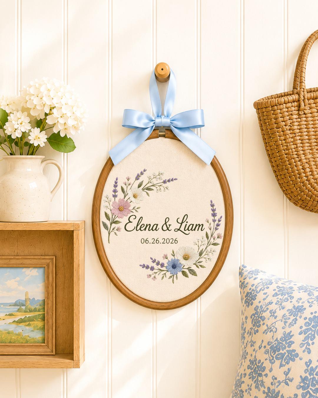 Personalized Wedding Embroidered Ornament, Custom Couple Names Floral Hoop, Wedding Date Keepsake, Anniversary Gift, Bridal Shower Gift