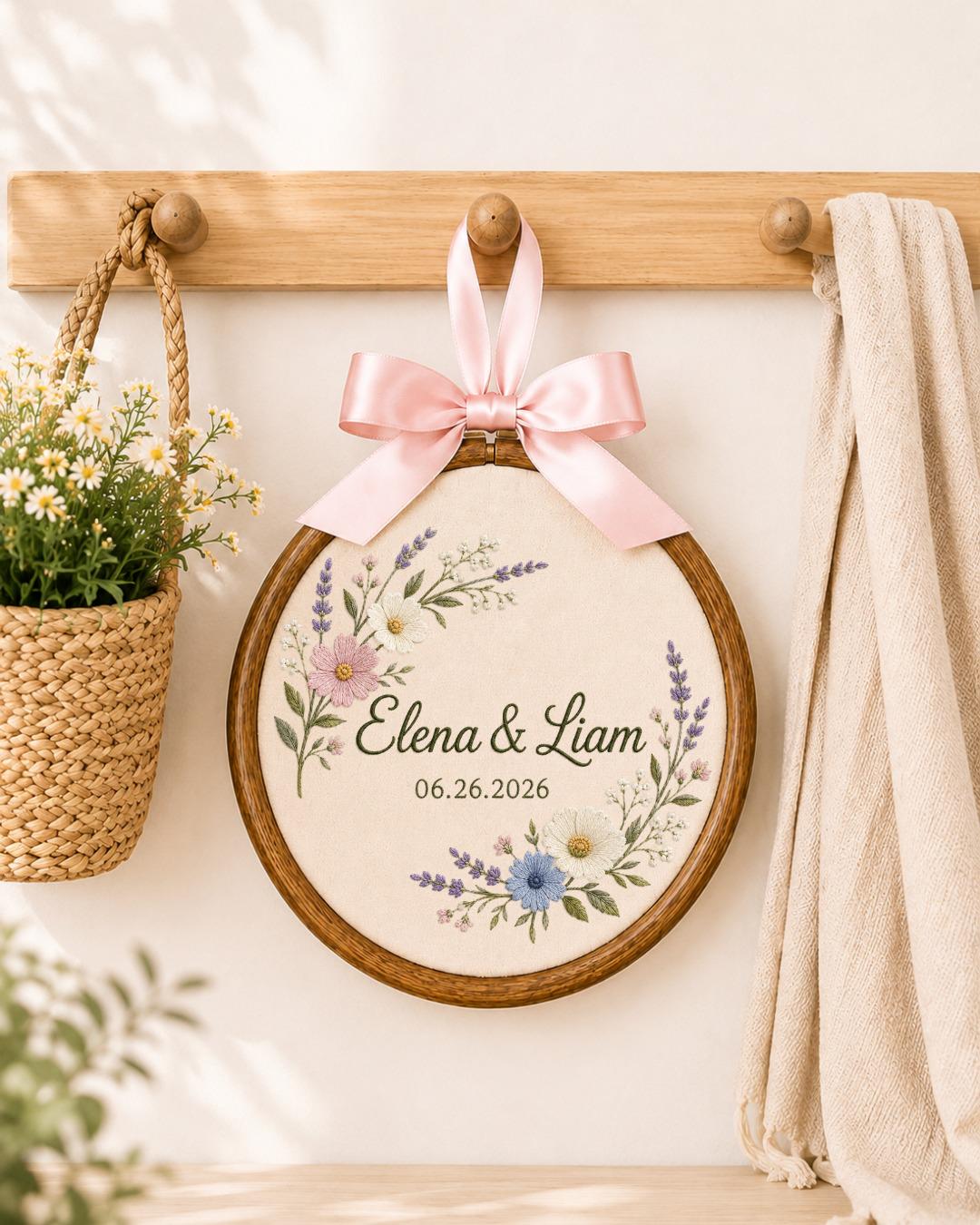 Personalized Wedding Embroidered Ornament, Custom Couple Names Floral Hoop, Wedding Date Keepsake, Anniversary Gift, Bridal Shower Gift