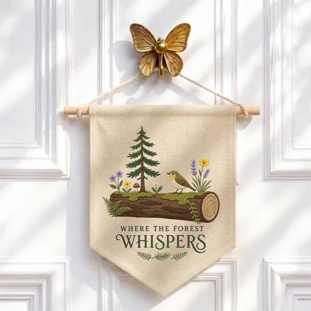 Forest Whispers Embroidery Banner, Nature-Inspired Wall Hanging, Woodland Bird and Tree Decor, Rustic Home Gift, Outdoor Lover Art