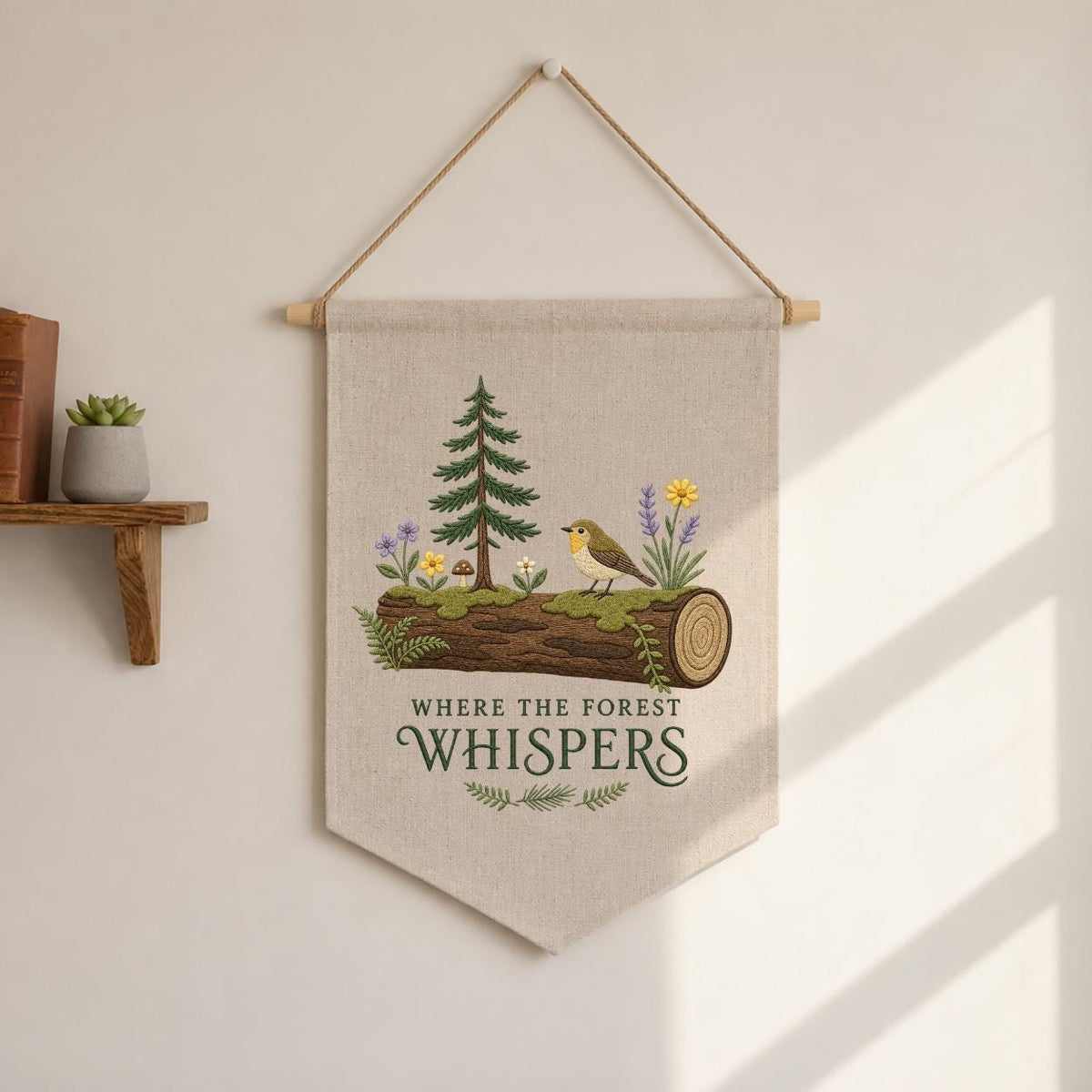 Forest Whispers Embroidery Banner, Nature-Inspired Wall Hanging, Woodland Bird and Tree Decor, Rustic Home Gift, Outdoor Lover Art