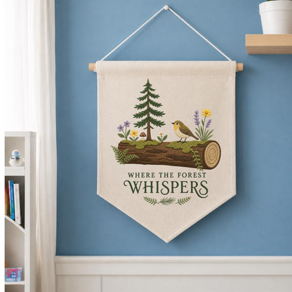 Forest Whispers Embroidery Banner, Nature-Inspired Wall Hanging, Woodland Bird and Tree Decor, Rustic Home Gift, Outdoor Lover Art