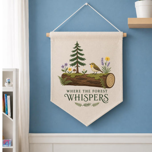 Forest Whispers Embroidery Banner, Nature-Inspired Wall Hanging, Woodland Bird and Tree Decor, Rustic Home Gift, Outdoor Lover Art