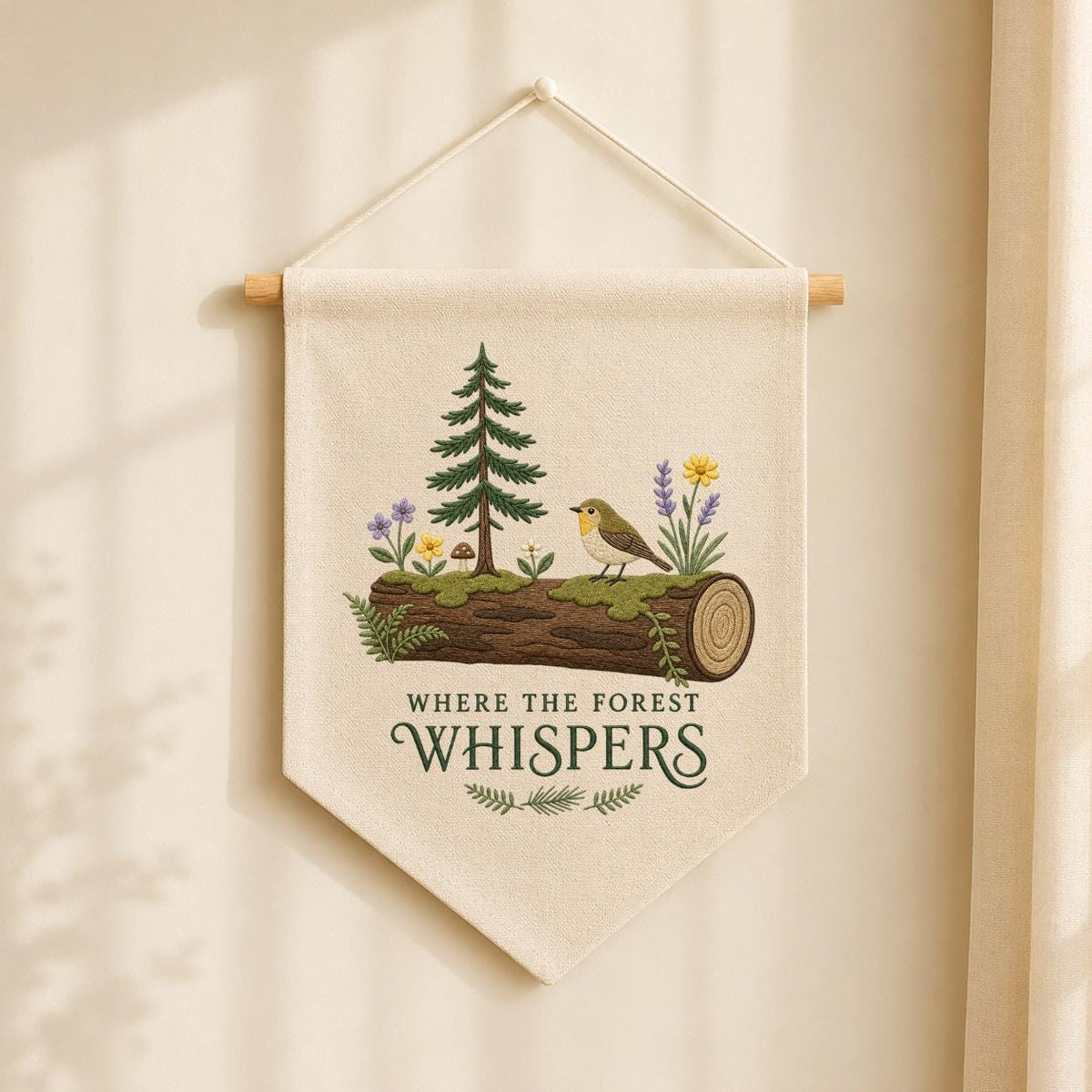 Forest Whispers Embroidery Banner, Nature-Inspired Wall Hanging, Woodland Bird and Tree Decor, Rustic Home Gift, Outdoor Lover Art