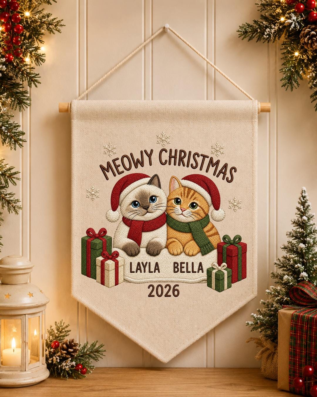 Personalized Christmas Cat Wall Hanging, Custom Names Embroidered Banner, Meowy Christmas Cat Decor, Pet Lover Holiday Gift