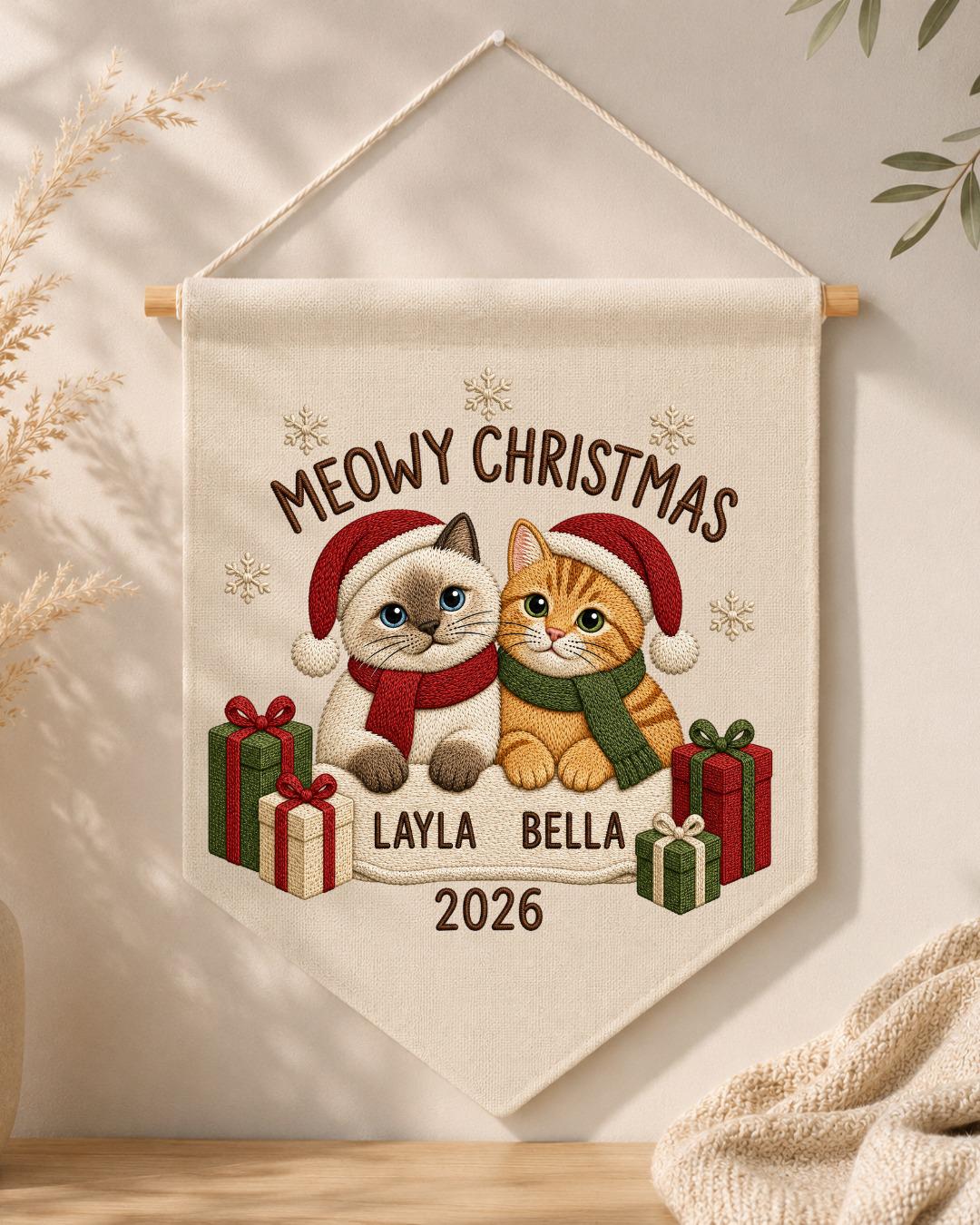 Personalized Christmas Cat Wall Hanging, Custom Names Embroidered Banner, Meowy Christmas Cat Decor, Pet Lover Holiday Gift