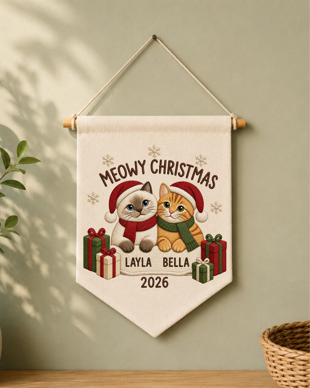 Personalized Christmas Cat Wall Hanging, Custom Names Embroidered Banner, Meowy Christmas Cat Decor, Pet Lover Holiday Gift
