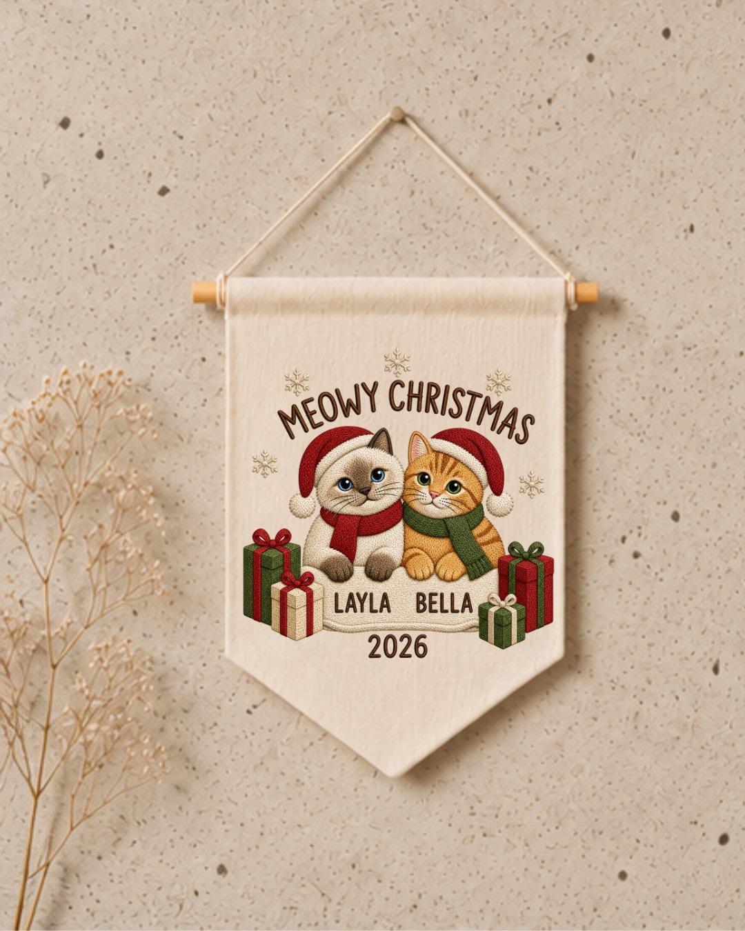 Personalized Christmas Cat Wall Hanging, Custom Names Embroidered Banner, Meowy Christmas Cat Decor, Pet Lover Holiday Gift