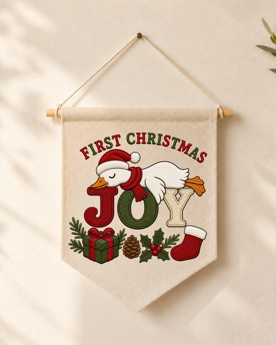 Personalized First Christmas Goose Wall Hanging, Custom Embroidered Banner, Christmas Joy Nursery Decor, Baby First Christmas Gift