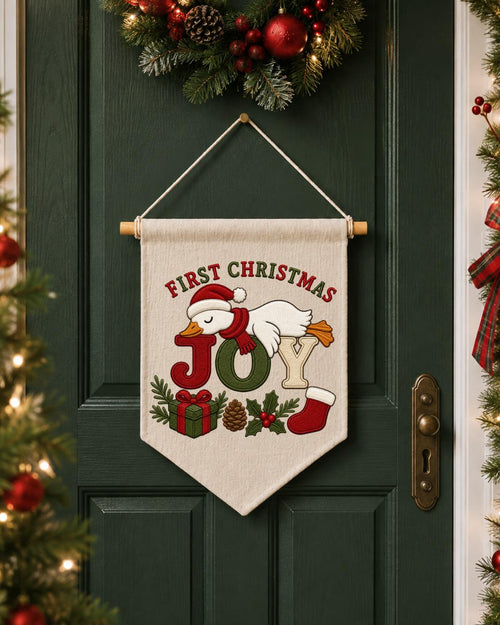Personalized First Christmas Goose Wall Hanging, Custom Embroidered Banner, Christmas Joy Nursery Decor, Baby First Christmas Gift