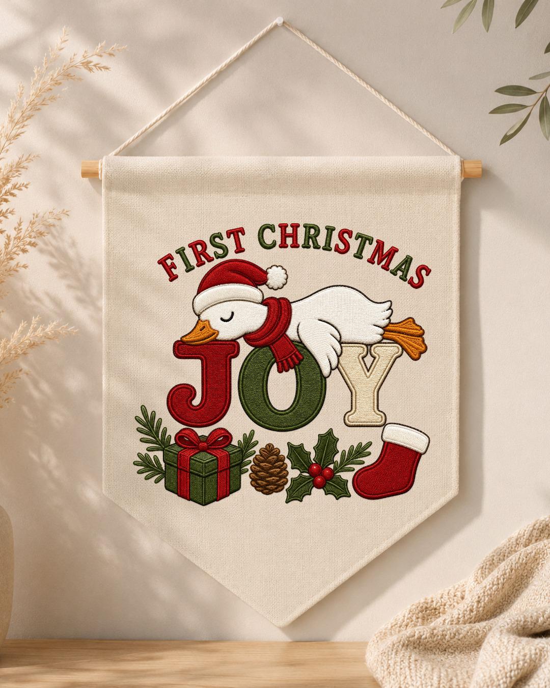 Personalized First Christmas Goose Wall Hanging, Custom Embroidered Banner, Christmas Joy Nursery Decor, Baby First Christmas Gift