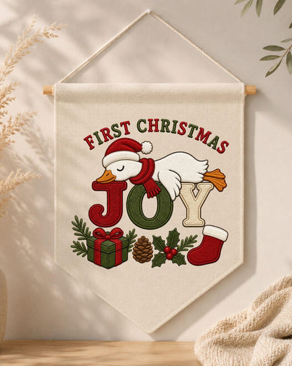 Personalized First Christmas Goose Wall Hanging, Custom Embroidered Banner, Christmas Joy Nursery Decor, Baby First Christmas Gift