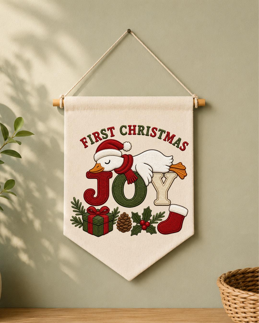 Personalized First Christmas Goose Wall Hanging, Custom Embroidered Banner, Christmas Joy Nursery Decor, Baby First Christmas Gift