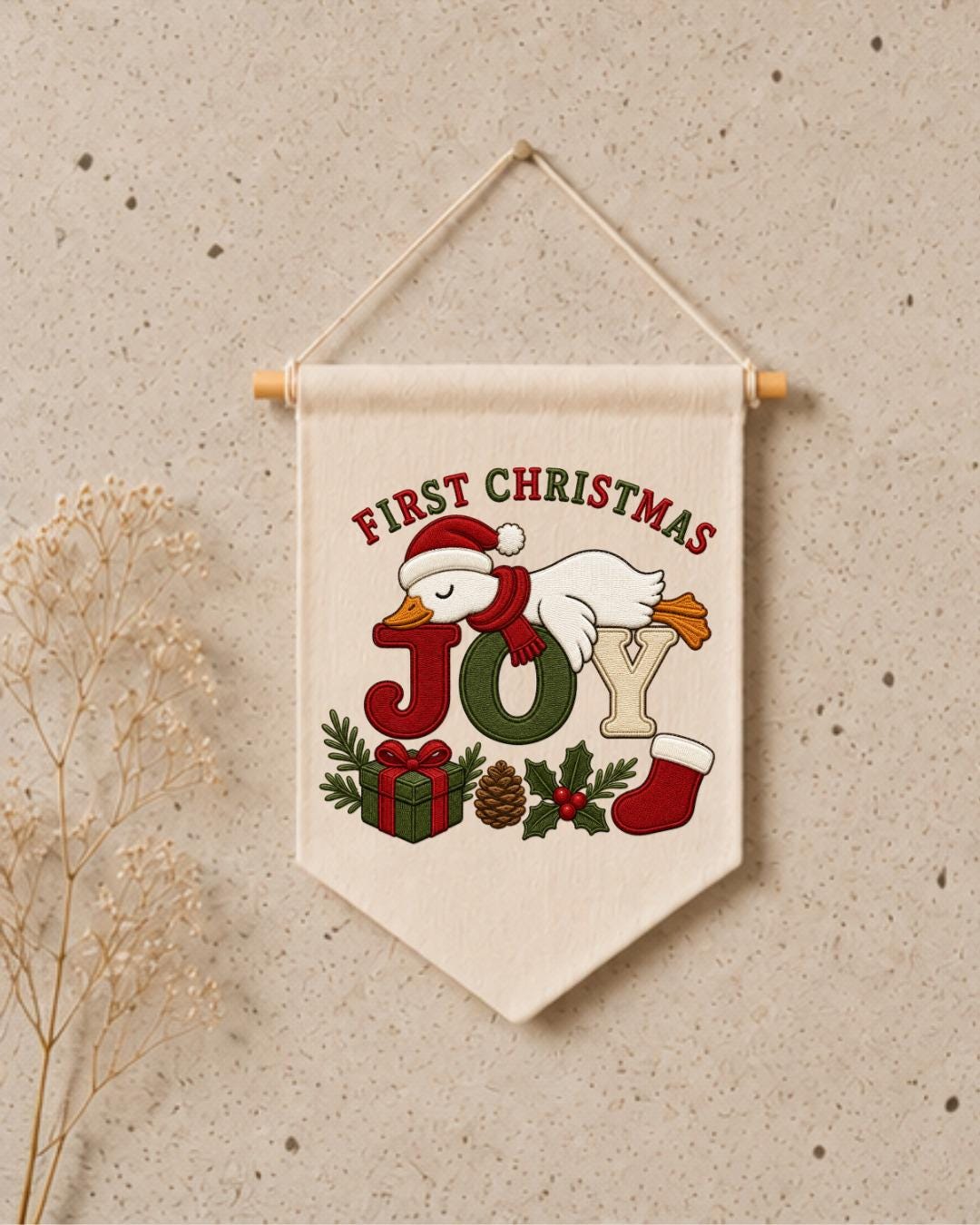 Personalized First Christmas Goose Wall Hanging, Custom Embroidered Banner, Christmas Joy Nursery Decor, Baby First Christmas Gift
