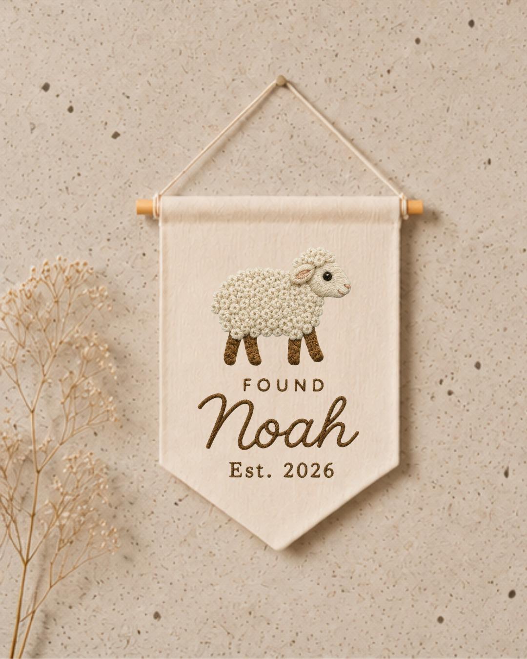 Personalized Lamb Nursery Wall Hanging, Custom Name Embroidered Banner, Found Sheep Baby Name Sign, Christian Nursery Decor,Baby Shower Gift