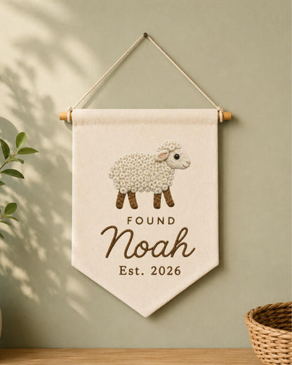 Personalized Lamb Nursery Wall Hanging, Custom Name Embroidered Banner, Found Sheep Baby Name Sign, Christian Nursery Decor,Baby Shower Gift