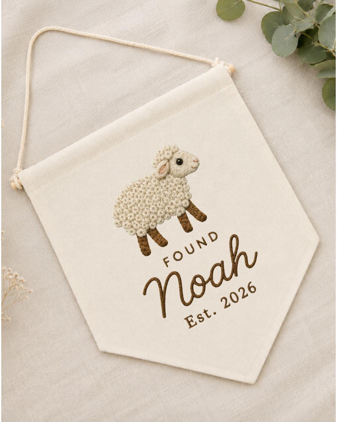 Personalized Lamb Nursery Wall Hanging, Custom Name Embroidered Banner, Found Sheep Baby Name Sign, Christian Nursery Decor,Baby Shower Gift
