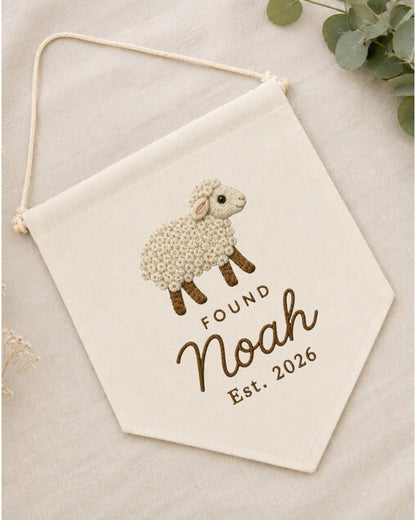 Personalized Lamb Nursery Wall Hanging, Custom Name Embroidered Banner, Found Sheep Baby Name Sign, Christian Nursery Decor,Baby Shower Gift