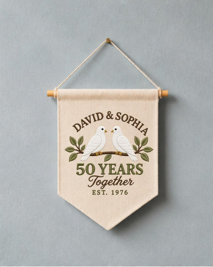 Personalized 50th Anniversary Wall Hanging, Custom Names Embroidered Banner, Golden Anniversary Gift, Dove Couple Keepsake, 50Years Together