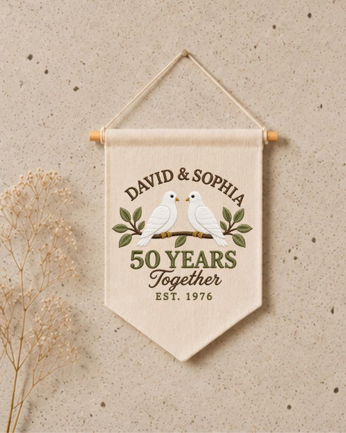Personalized 50th Anniversary Wall Hanging, Custom Names Embroidered Banner, Golden Anniversary Gift, Dove Couple Keepsake, 50Years Together
