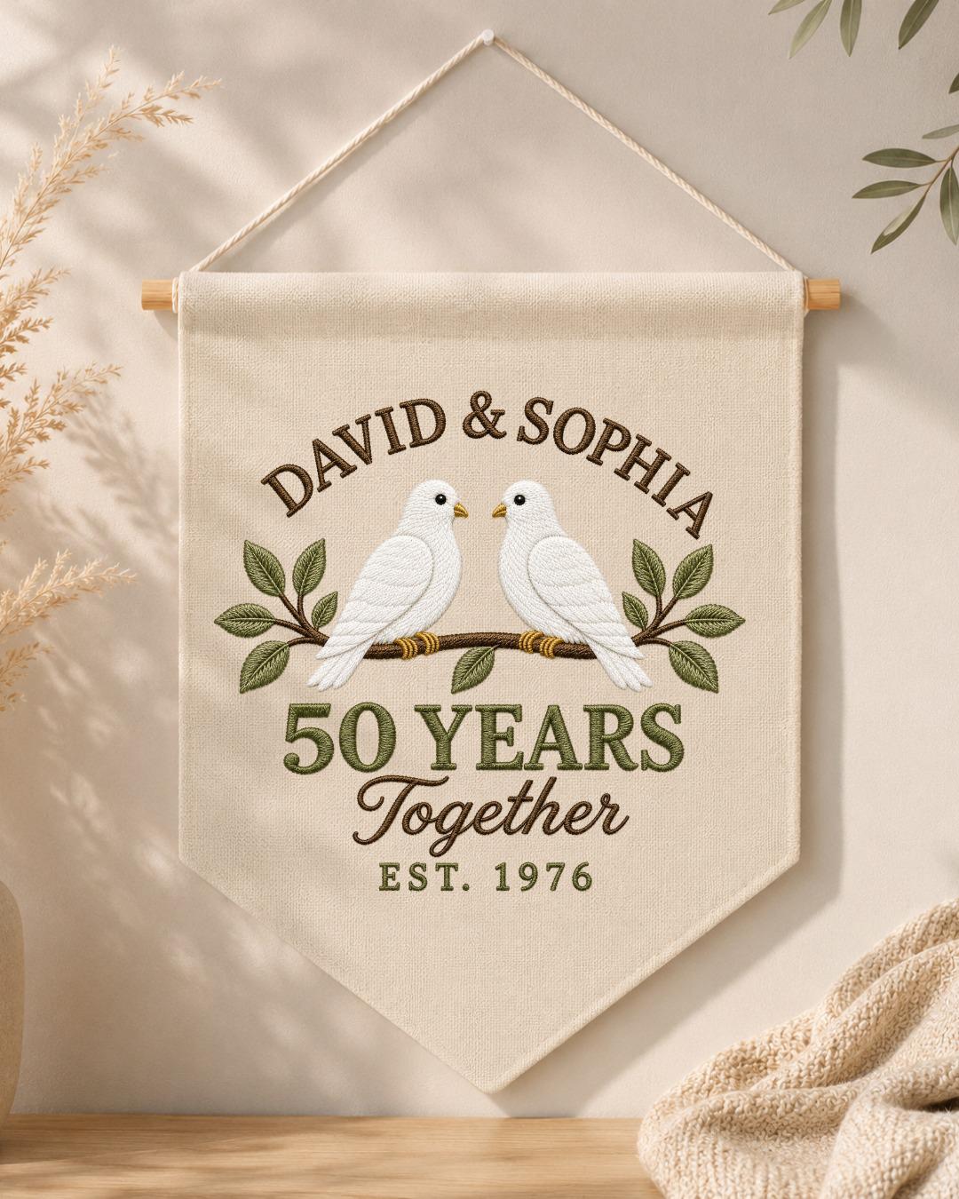 Personalized 50th Anniversary Wall Hanging, Custom Names Embroidered Banner, Golden Anniversary Gift, Dove Couple Keepsake, 50Years Together
