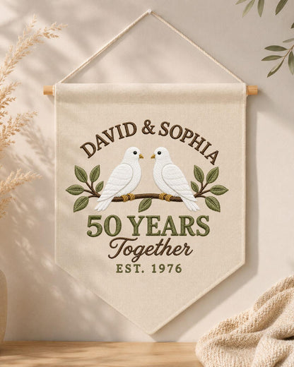 Personalized 50th Anniversary Wall Hanging, Custom Names Embroidered Banner, Golden Anniversary Gift, Dove Couple Keepsake, 50Years Together