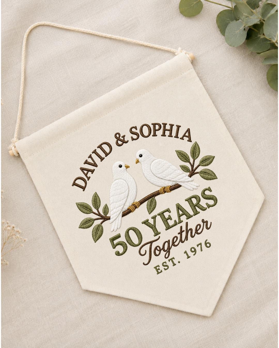 Personalized 50th Anniversary Wall Hanging, Custom Names Embroidered Banner, Golden Anniversary Gift, Dove Couple Keepsake, 50Years Together