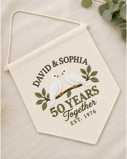 Personalized 50th Anniversary Wall Hanging, Custom Names Embroidered Banner, Golden Anniversary Gift, Dove Couple Keepsake, 50Years Together