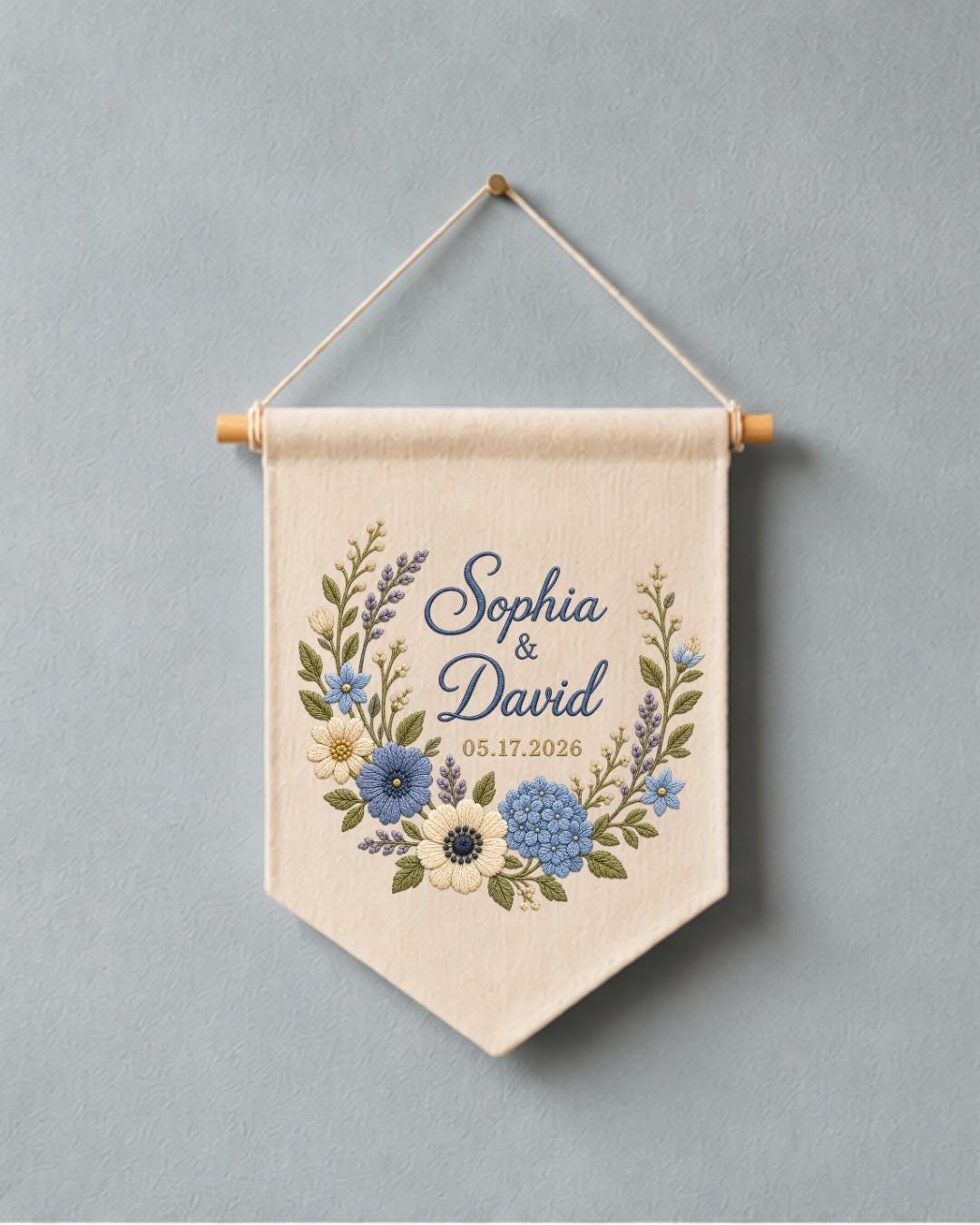 Personalized Wedding Wall Hanging, Custom Couple Names Embroidered Banner, Floral Wedding Date Decor, Anniversary Keepsake, Newlywed Gift
