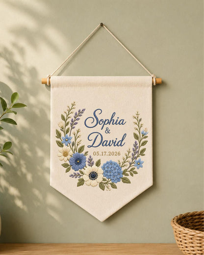 Personalized Wedding Wall Hanging, Custom Couple Names Embroidered Banner, Floral Wedding Date Decor, Anniversary Keepsake, Newlywed Gift