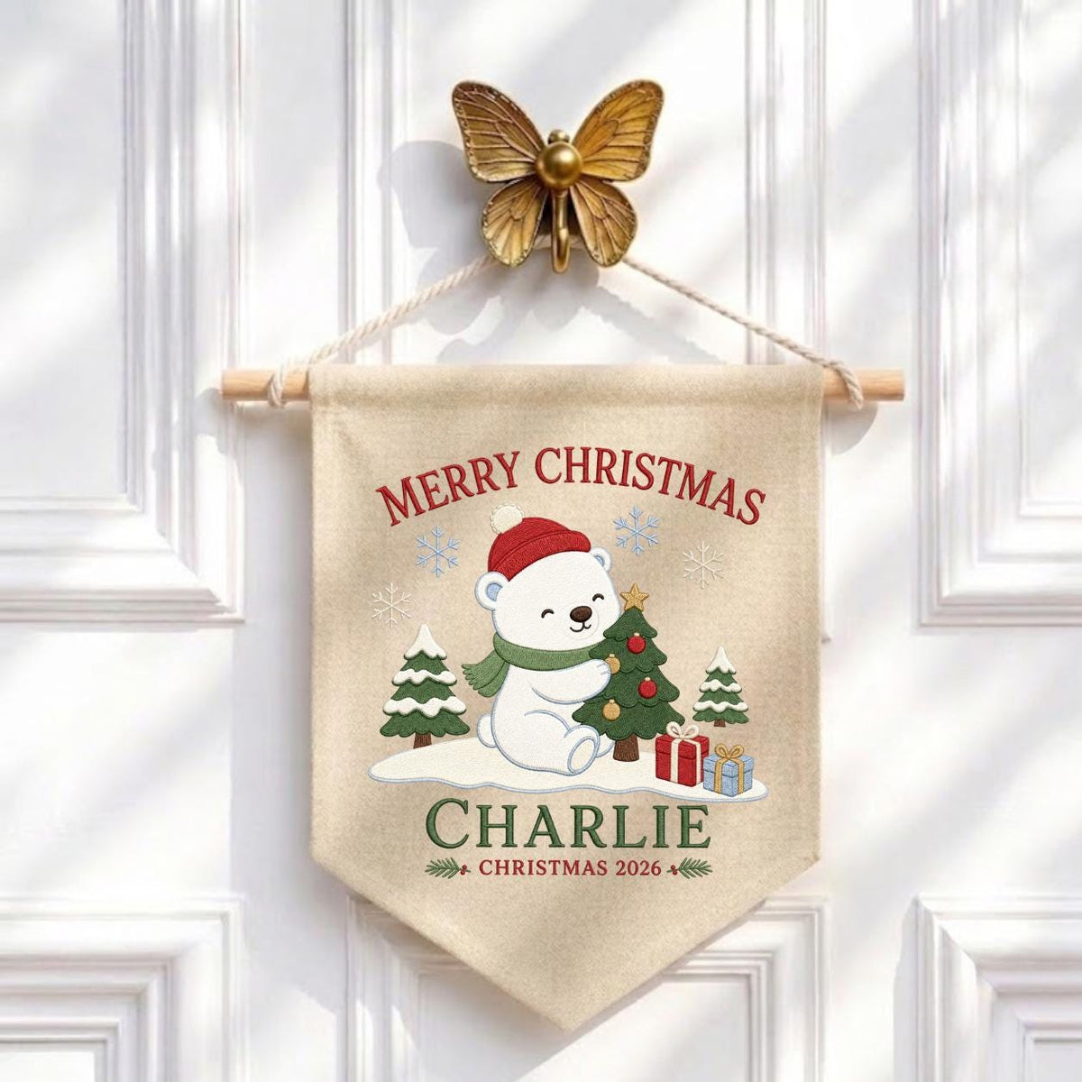 Custom Christmas Pennant Banner, Charlie Name Holiday Wall Decor, Polar Bear and Christmas Tree Embroidery, Festive Nursery Gift