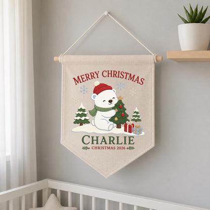 Custom Christmas Pennant Banner, Charlie Name Holiday Wall Decor, Polar Bear and Christmas Tree Embroidery, Festive Nursery Gift