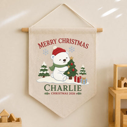 Custom Christmas Pennant Banner, Charlie Name Holiday Wall Decor, Polar Bear and Christmas Tree Embroidery, Festive Nursery Gift