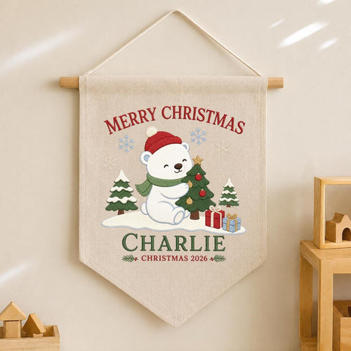 Custom Christmas Pennant Banner, Charlie Name Holiday Wall Decor, Polar Bear and Christmas Tree Embroidery, Festive Nursery Gift