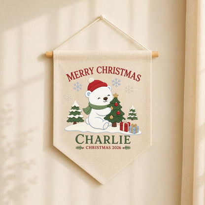 Custom Christmas Pennant Banner, Charlie Name Holiday Wall Decor, Polar Bear and Christmas Tree Embroidery, Festive Nursery Gift