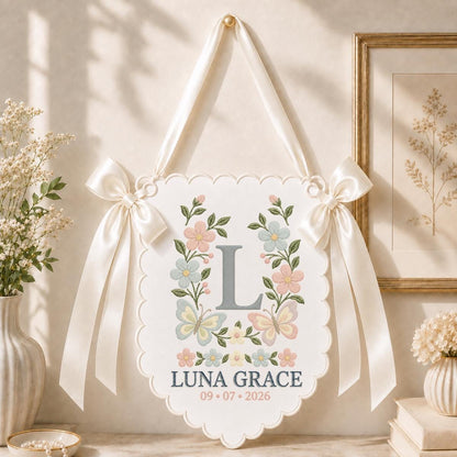 Personalized Monogram Scalloped Banner, Custom Name Luna Grace Initial L Embroidered Lavender Bows Nursery Wall Sign Decor
