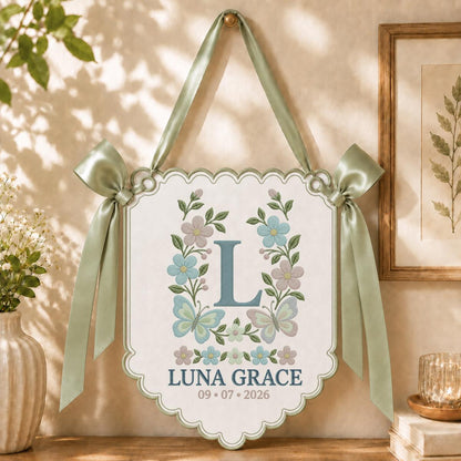 Personalized Monogram Scalloped Banner, Custom Name Luna Grace Initial L Embroidered Lavender Bows Nursery Wall Sign Decor