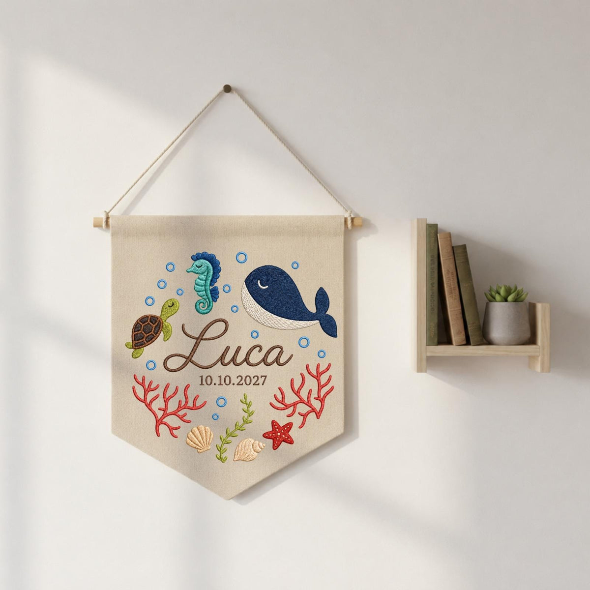 Personalized Ocean Baby Name Banner, Embroidered Whale Nursery Wall Decor, Custom Under the Sea Baby Gift, Baby Boy Room Sign