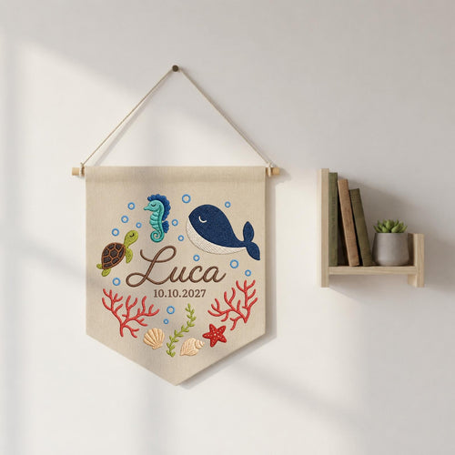 Personalized Ocean Baby Name Banner, Embroidered Whale Nursery Wall Decor, Custom Under the Sea Baby Gift, Baby Boy Room Sign