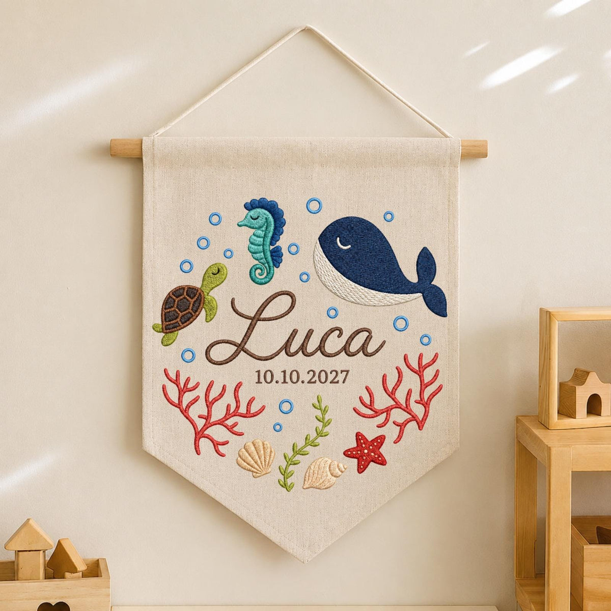 Personalized Ocean Baby Name Banner, Embroidered Whale Nursery Wall Decor, Custom Under the Sea Baby Gift, Baby Boy Room Sign