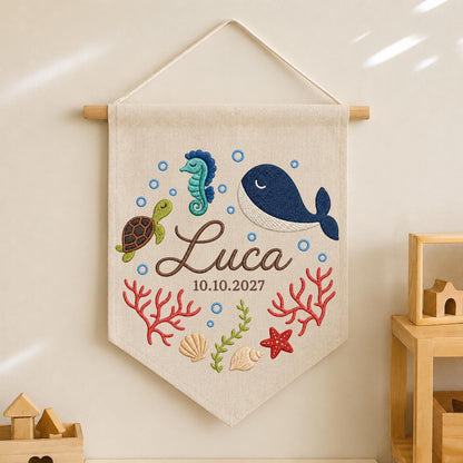 Personalized Ocean Baby Name Banner, Embroidered Whale Nursery Wall Decor, Custom Under the Sea Baby Gift, Baby Boy Room Sign