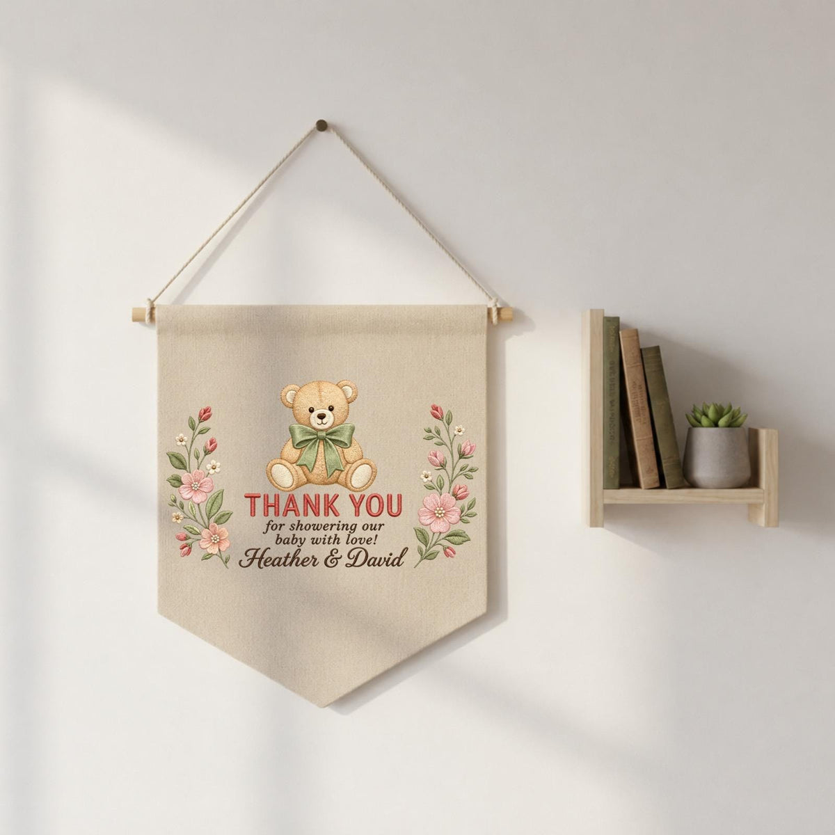 Personalized Baby Shower Thank You Banner, Embroidered Teddy Bear Floral Wall Hanging, Custom Baby Shower Decor, New Parents Keepsake Gift