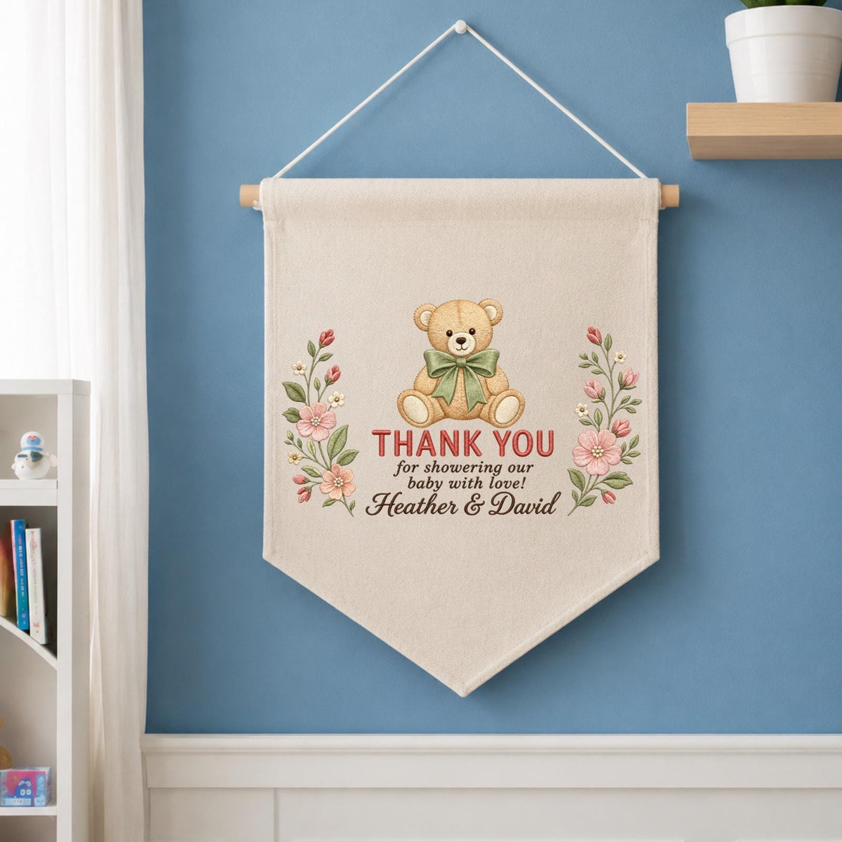 Personalized Baby Shower Thank You Banner, Embroidered Teddy Bear Floral Wall Hanging, Custom Baby Shower Decor, New Parents Keepsake Gift