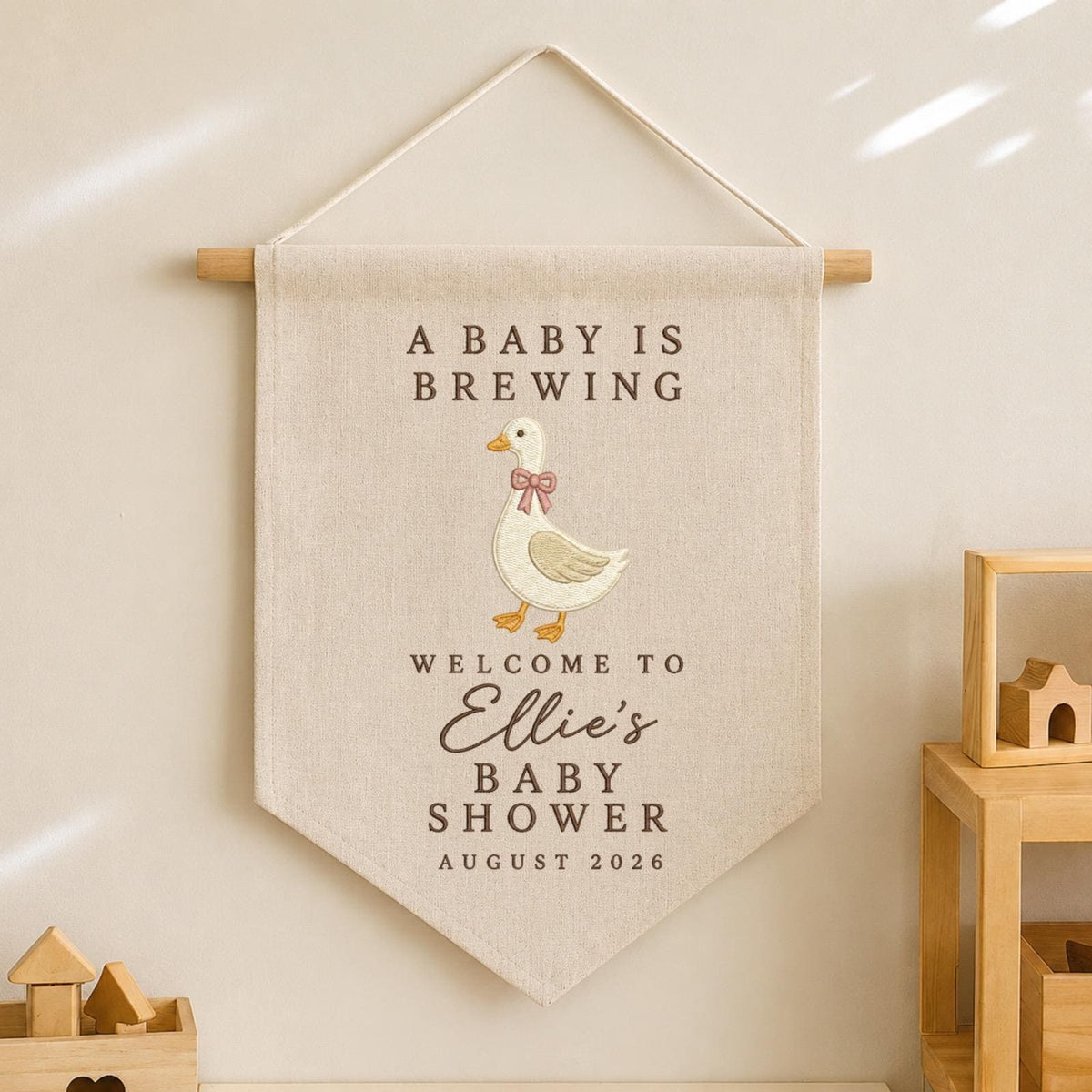 Personalized Baby Shower Banner, Embroidered Goose Baby Shower Sign, A Baby Is Brewing Decor, Custom Baby Name Wall Hanging