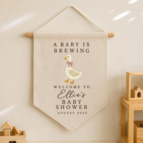 Personalized Baby Shower Banner, Embroidered Goose Baby Shower Sign, A Baby Is Brewing Decor, Custom Baby Name Wall Hanging