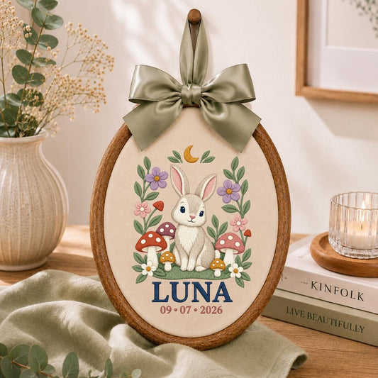 Personalized Bunny Oval Hoop Art, Custom Name Luna Embroidered Woodland Rabbit Mushroom Baby Girl Nursery Wall Sign Decor
