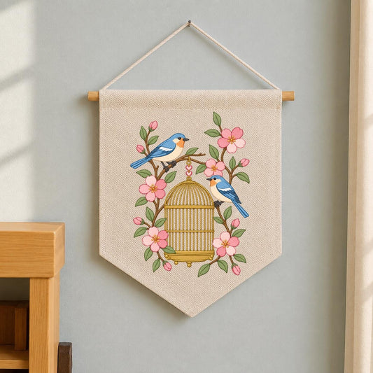 Vintage Birdcage Canvas Pennant Banner, Embroidered Bluebird Blossom Spring Floral Wall Hanging Decor, Nursery Bird Sign