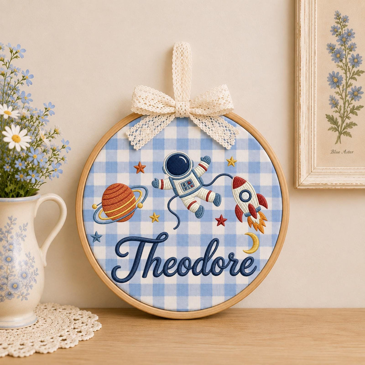 Personalized Space Astronaut Embroidered Ornament, Custom Baby Name Rocket Nursery Decor, Outer Space Boy Gift, Baby Shower Keepsake