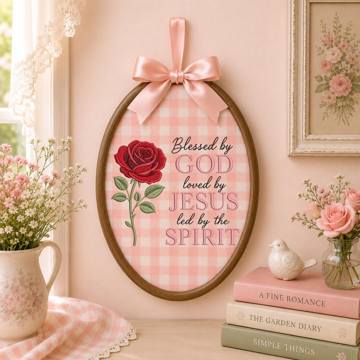 Personalized Christian Embroidered Ornament, Blessed by God Rose Ornament, Jesus Faith Keepsake, Religious Gift, Christian Home Decor