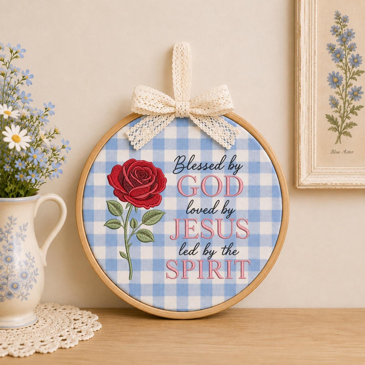 Personalized Christian Embroidered Ornament, Blessed by God Rose Ornament, Jesus Faith Keepsake, Religious Gift, Christian Home Decor