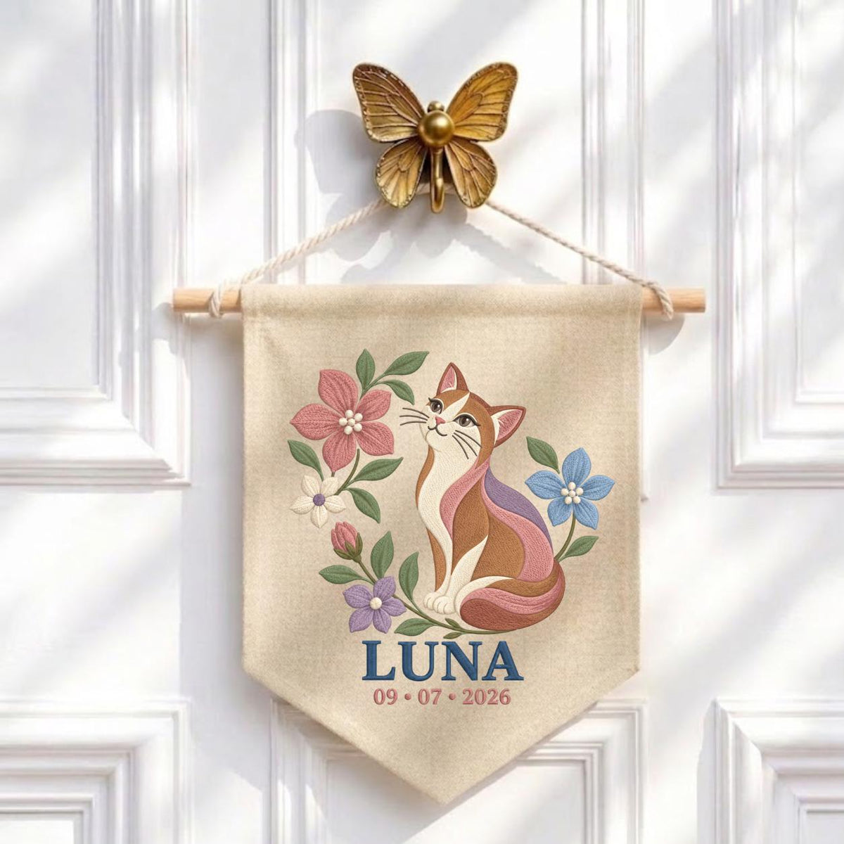 Personalized Cat Canvas Pennant Banner, Custom Name Luna Embroidered Floral Kitten Baby Girl Nursery Wall Sign Decor